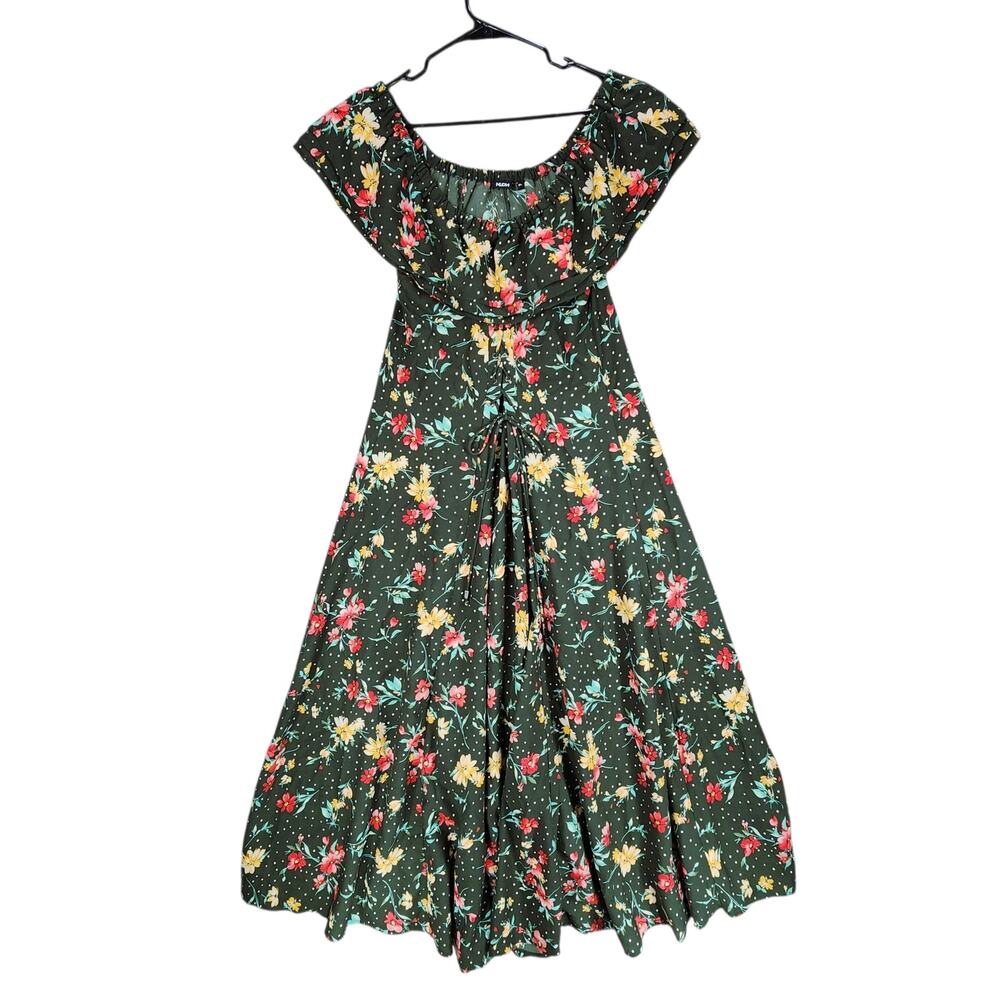 Nuon Westside Maxi Dress M Women Bella Floral Green Off Shoulder‎ Lace Up Bodice